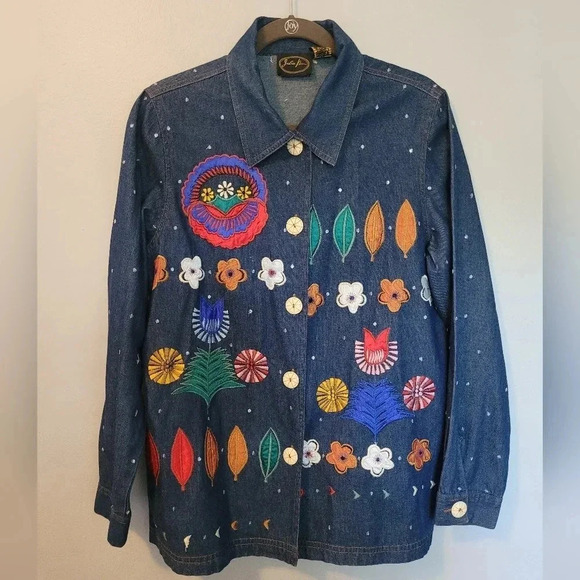 Embroidered sequins colorful blue jean denim shirt jacket shacket M Boho Artsy - Picture 1 of 9